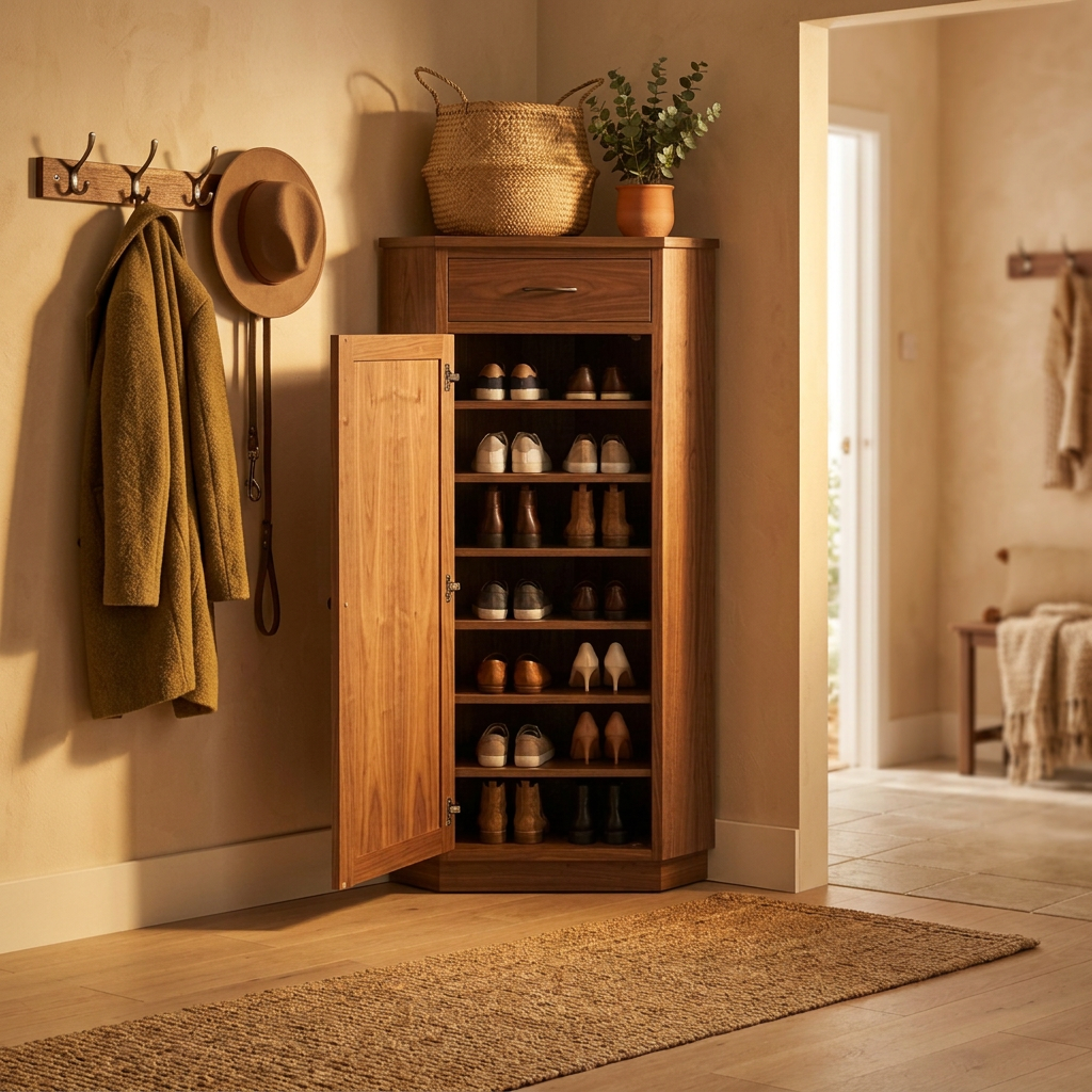 Corner Shoe Cabinet - Walnut, 7 Shelves