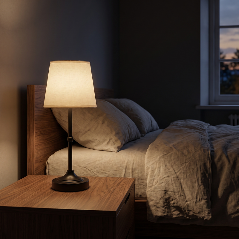 Dimmable Cordless Table Lamp in black on a walnut bedside table at night