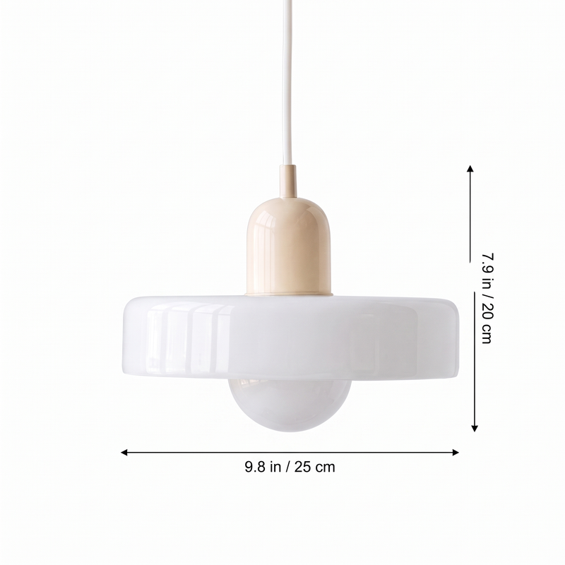 Two-tone colored glass halo pendant light dimensions with size labels