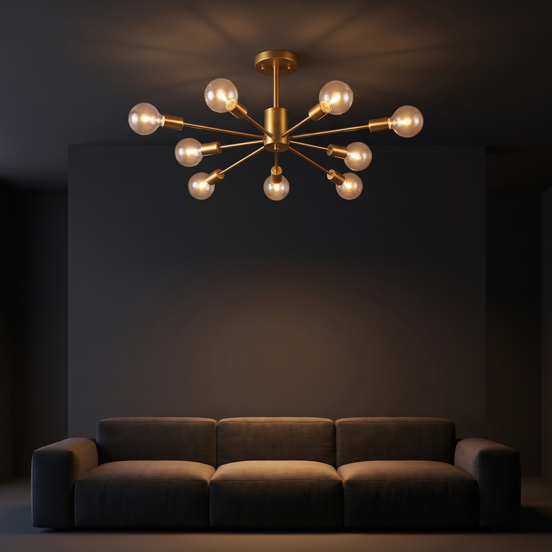 Sputnik Semi Flush Ceiling Light in a dark modern living room