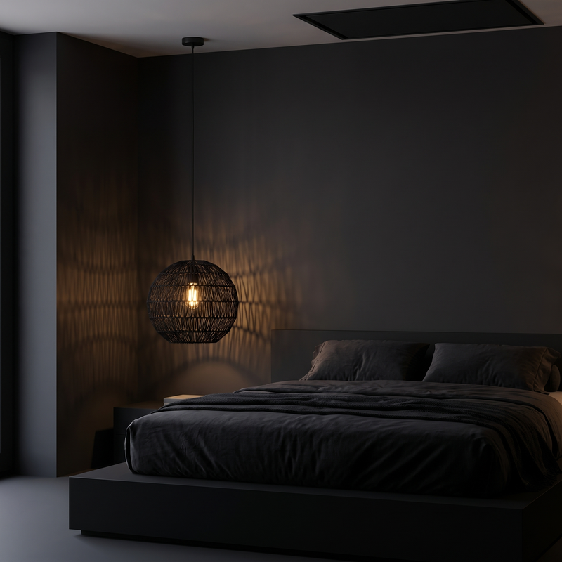 Woven Ball Pendant Light in a dark modern bedroom