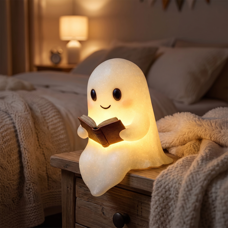 Ghost Reading Night Light glowing on a nightstand in a kids bedroom