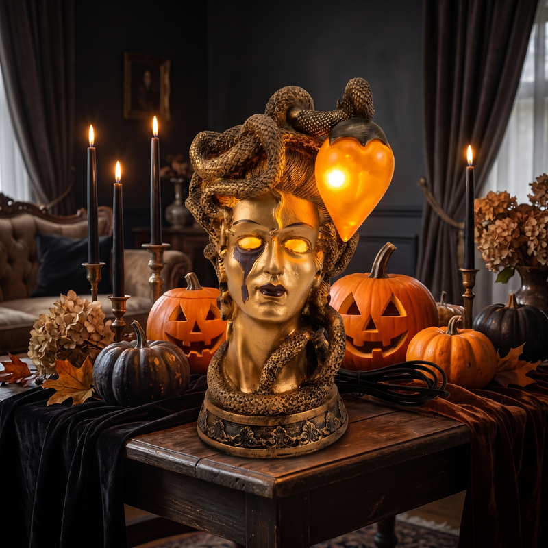 Medusa Table Lamp, Gold on a side table decorated for Halloween