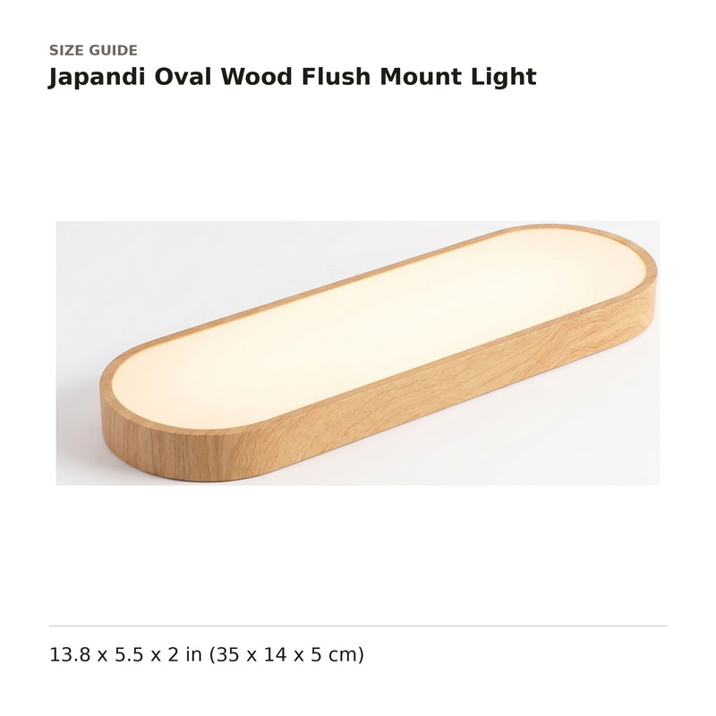 Japandi Oval Wood Flush Mount Light size guide with dimensions