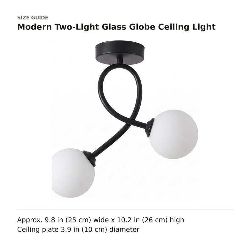 Modern Two-Light Glass Globe Ceiling Light size guide with dimensions