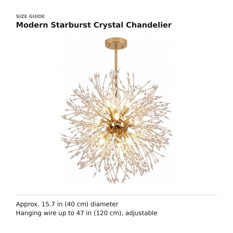 Modern Starburst Crystal Chandelier size guide with dimensions