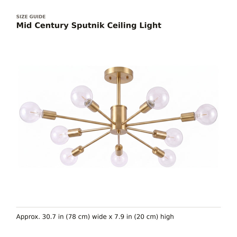 Mid Century Sputnik Ceiling Light size guide with dimensions