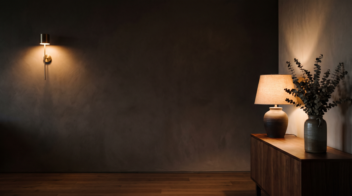 A brass wall sconce and a ceramic table lamp lighting a dark plaster wall and walnut console at dusk