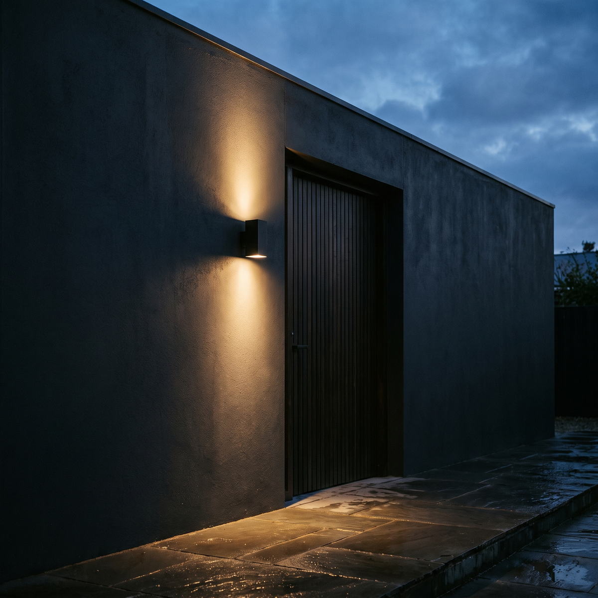 Black up and down outdoor wall light on a dark rendered facade at dusk