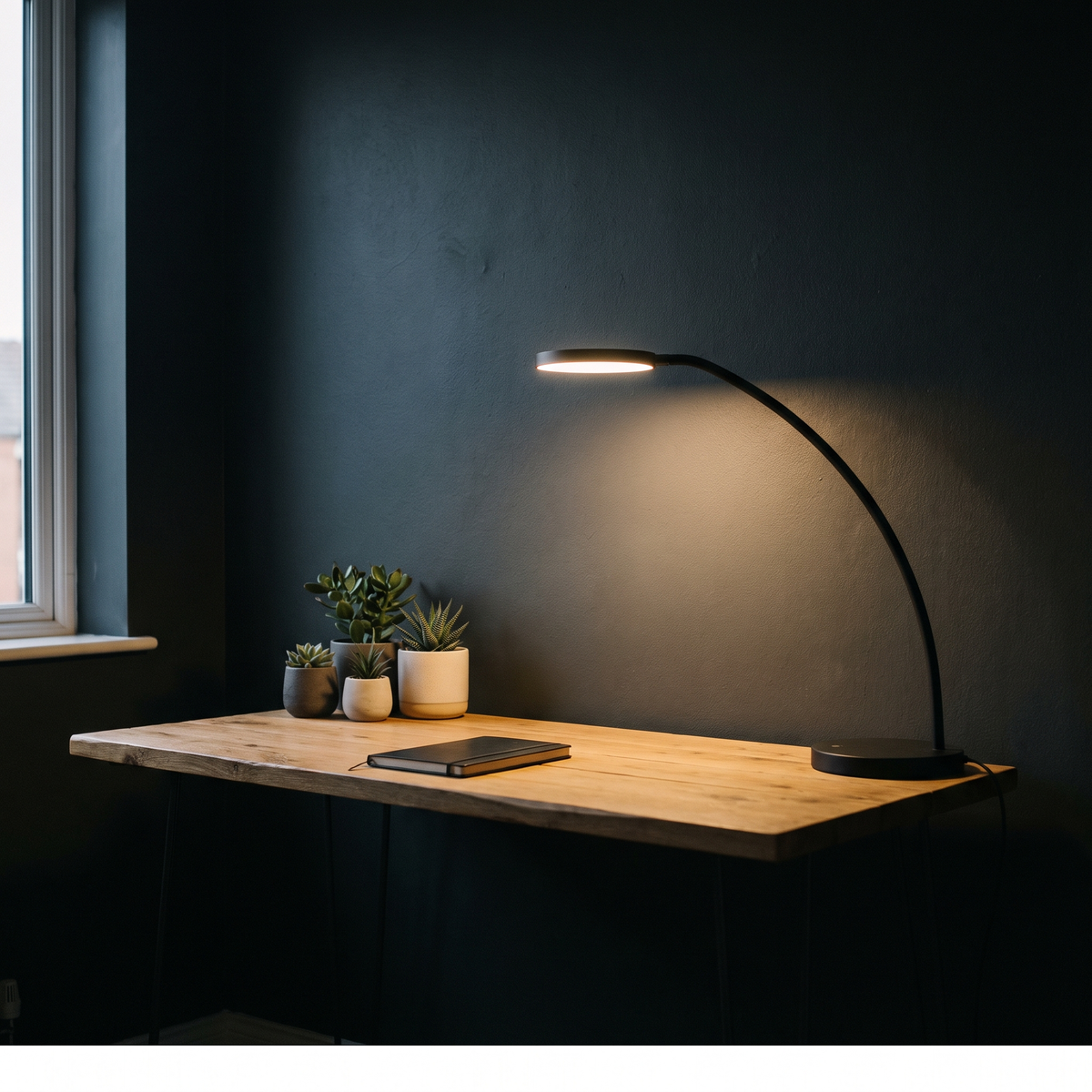 Black adjustable task lamp lighting an oak desk in a dim home office
