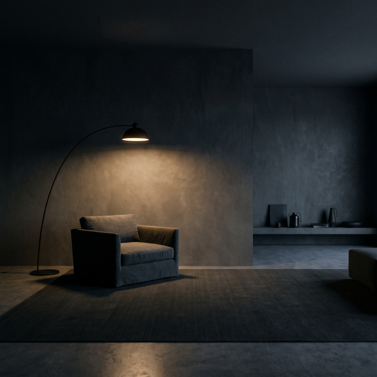 Slim black LED floor lamp in the corner of a dark living room