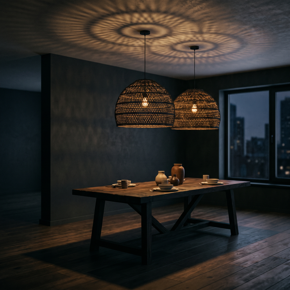 Two woven rattan pendant lights hanging over a dark timber dining table
