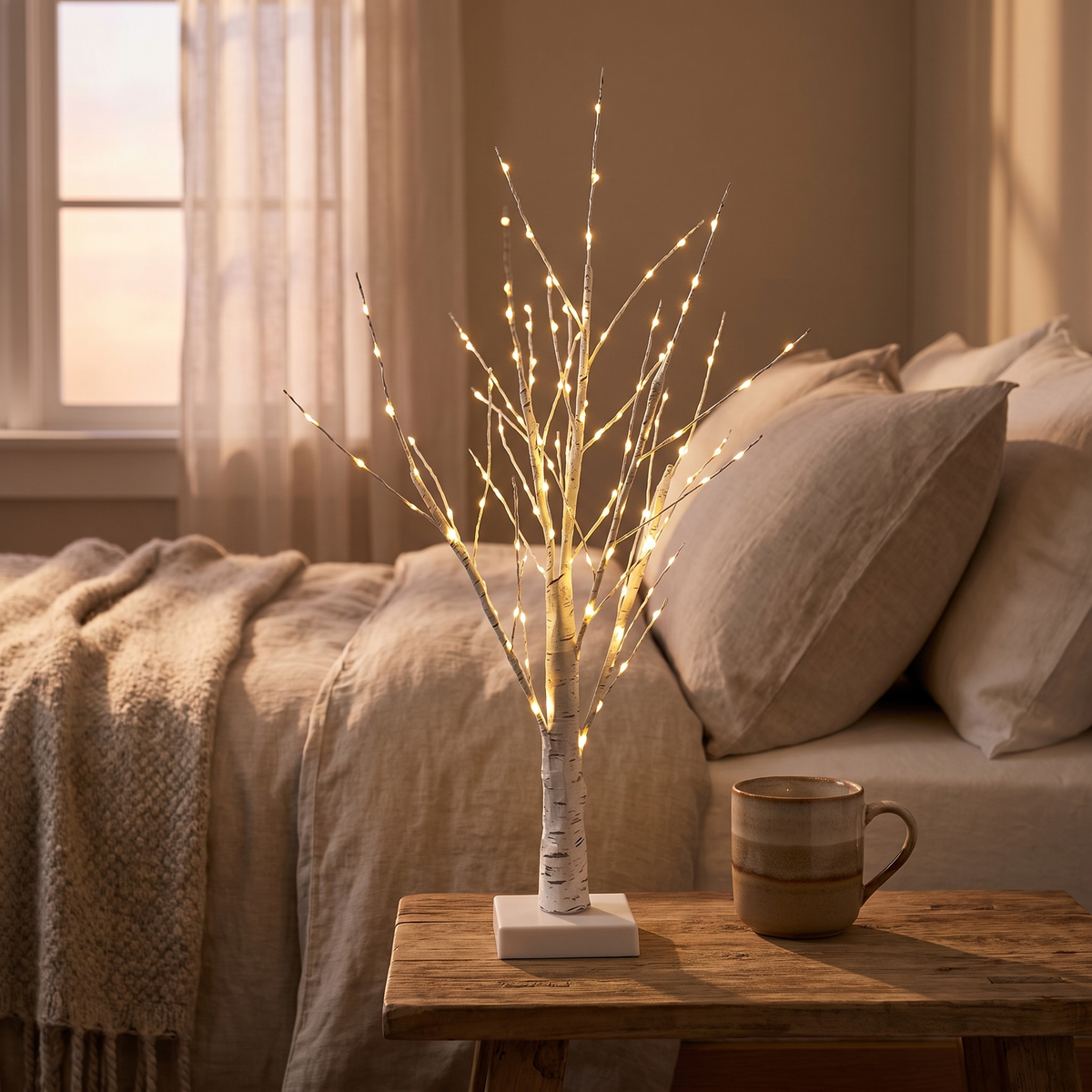 Birch tree light - Birch Tree Lamp on a bedside table beside a mug for scale