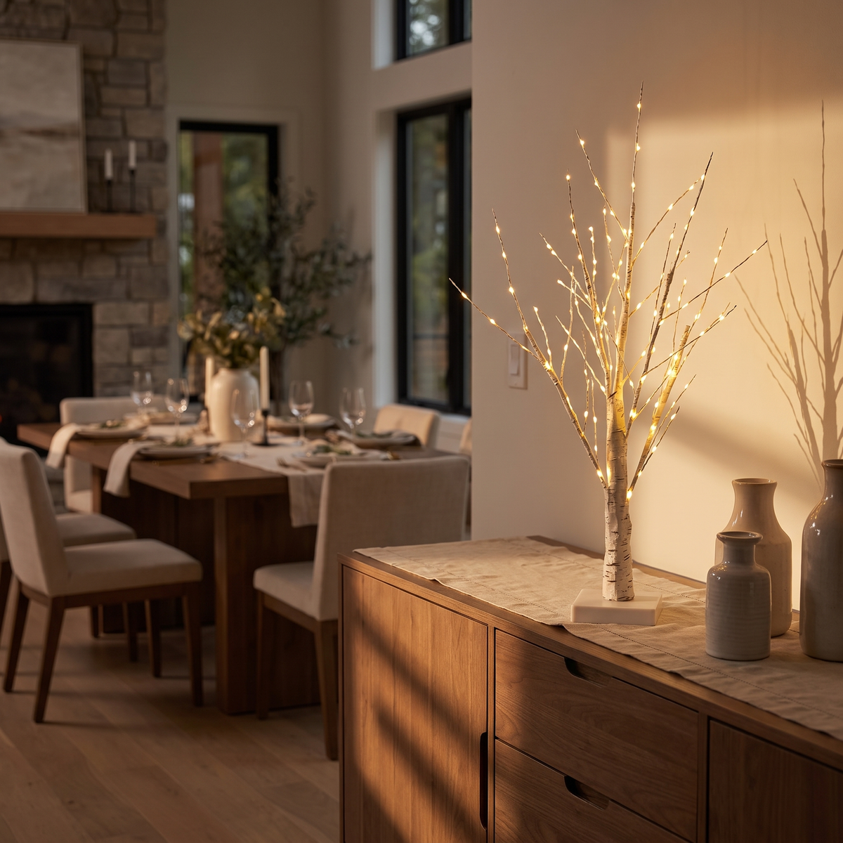 Birch tree light - Birch Tree Lamp on a dining sideboard