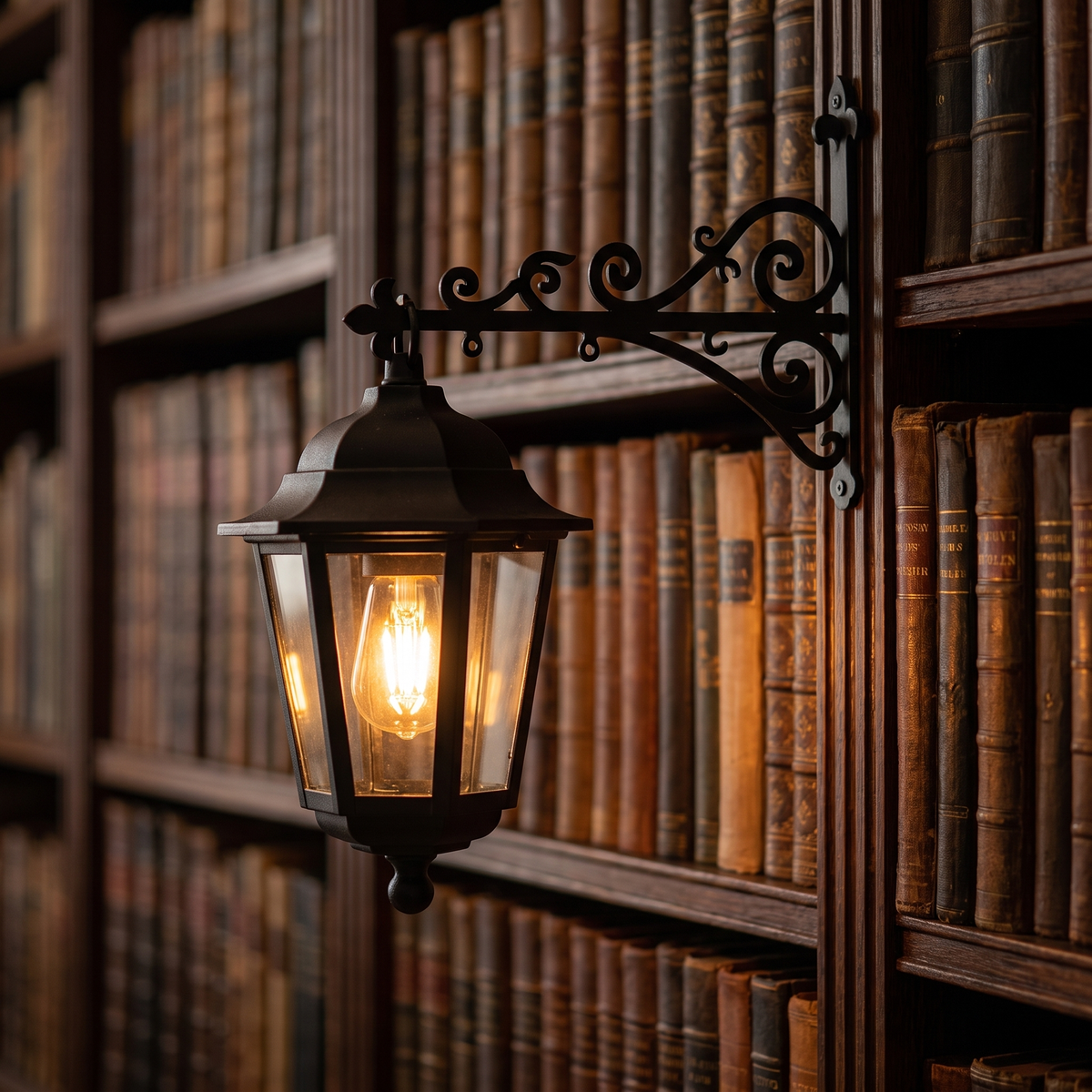 Bookshelf light - Bookshelf Lantern Light close-up of the scroll bracket and lantern