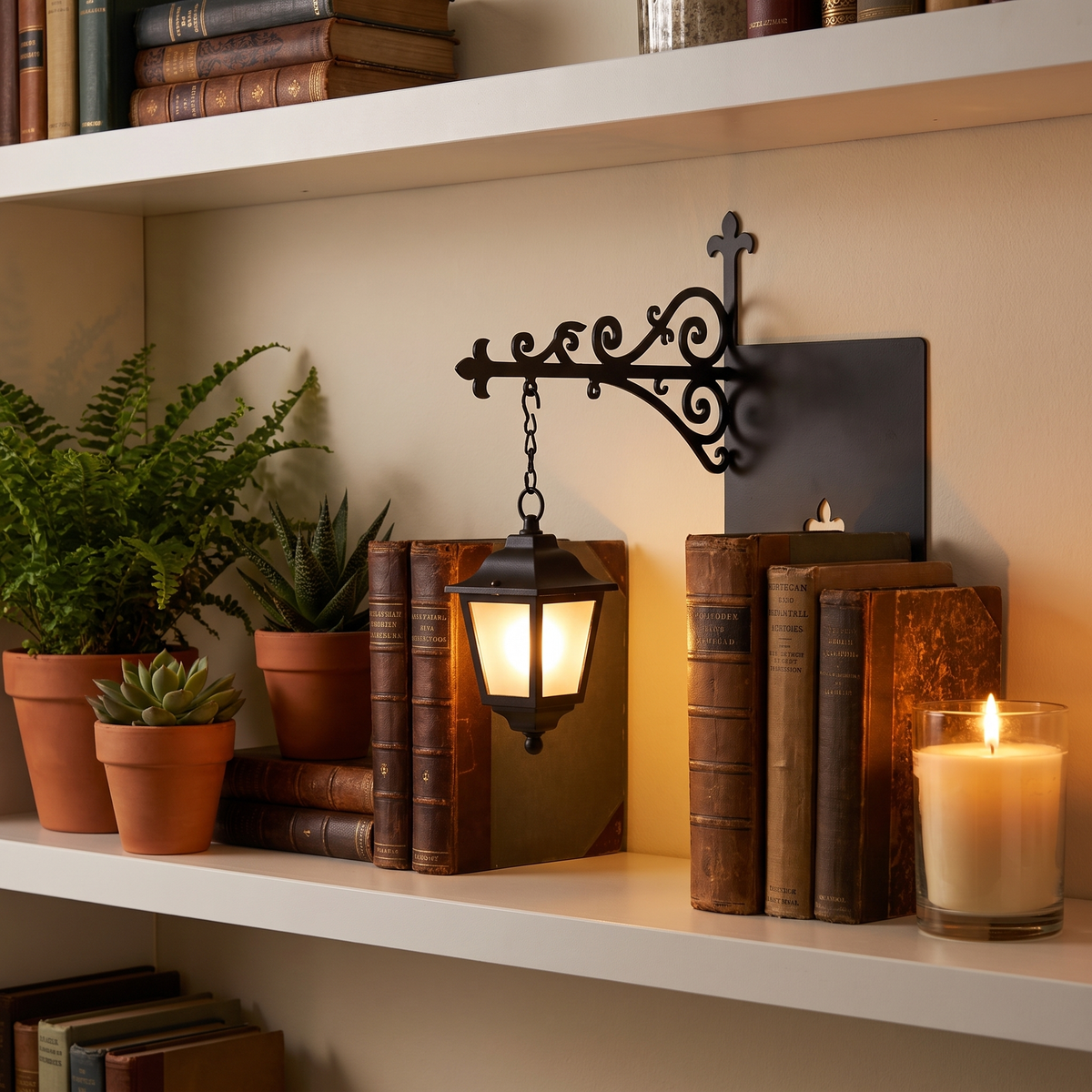 Bookshelf light - Bookshelf Lantern Light on a living room shelf