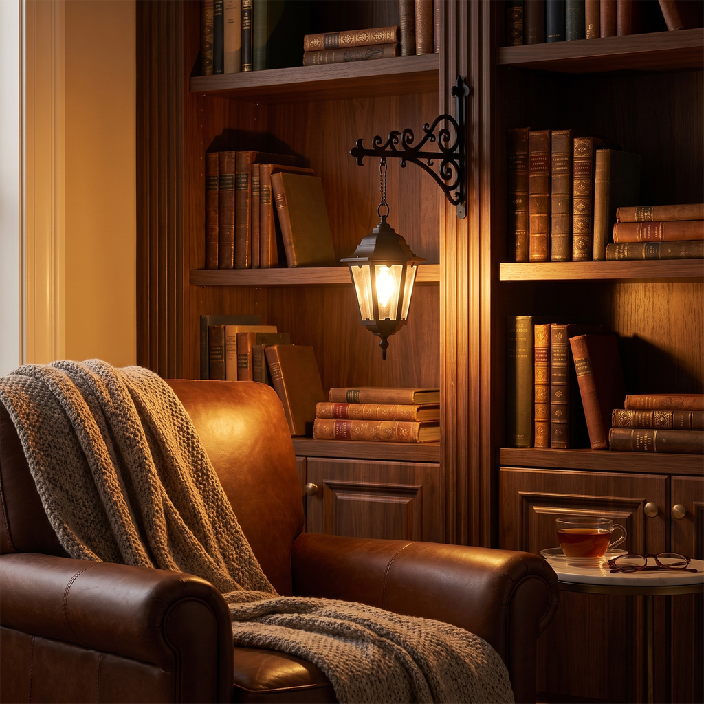 Bookshelf light - Bookshelf Lantern Light in a reading nook bookcase