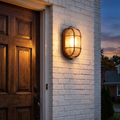 Outdoor wall light - Retro Caged Bulkhead Outdoor Wall Light beside a front door
