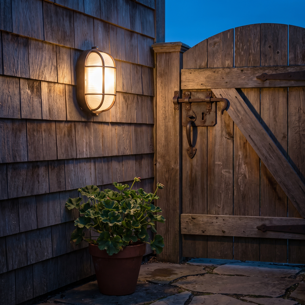 Outdoor wall light - Retro Caged Bulkhead Outdoor Wall Light on an exterior wall at dusk