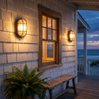 Outdoor wall light - Retro Caged Bulkhead Outdoor Wall Light beside a porch window