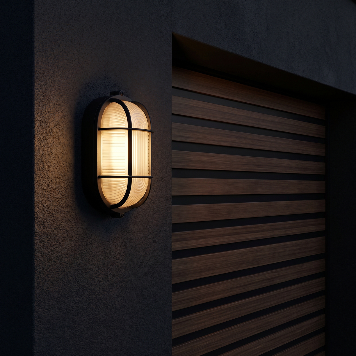 Outdoor wall light - Retro Caged Bulkhead Outdoor Wall Light in black finish beside a garage door