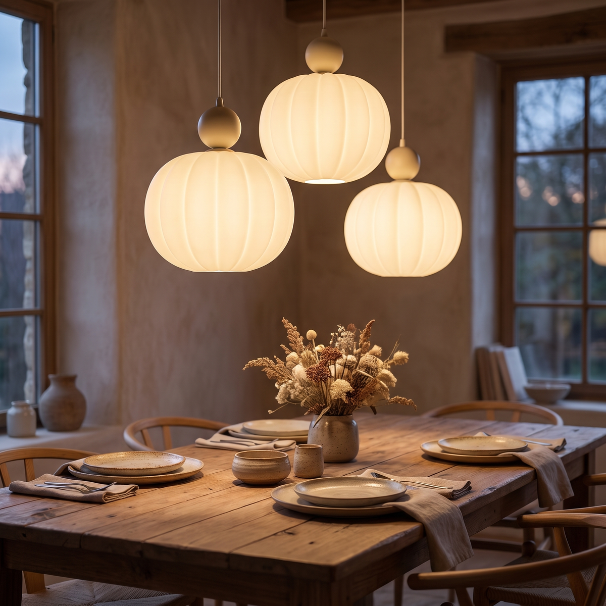 Pendant light - Cream Pumpkin Pendant Light in a trio over a dining table