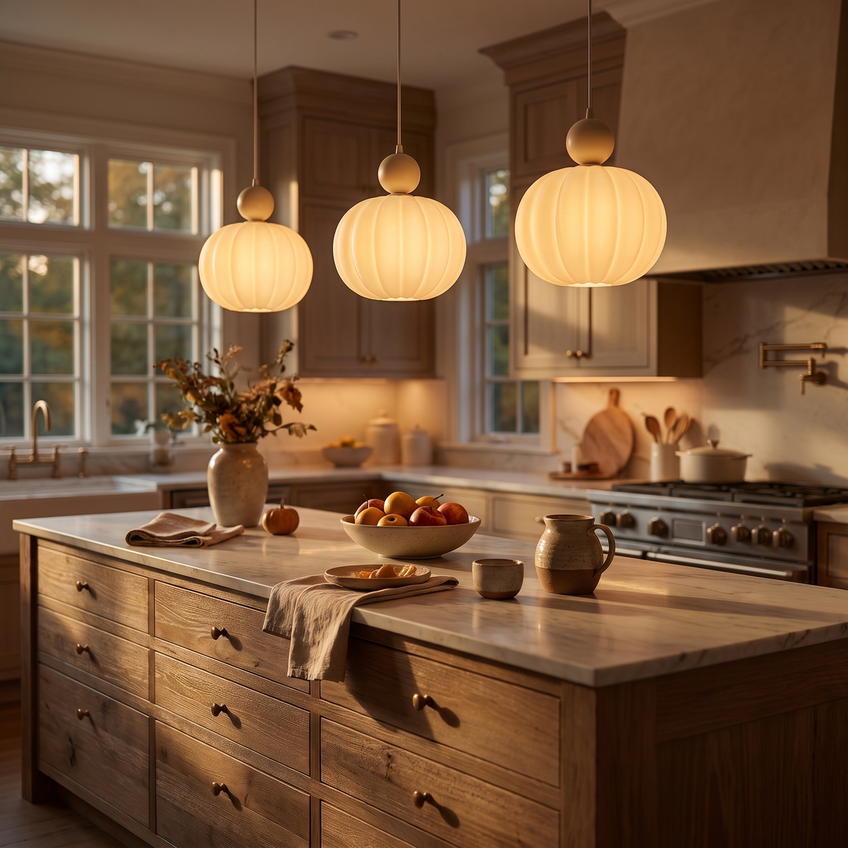 Pendant light - Cream Pumpkin Pendant Light over a kitchen island