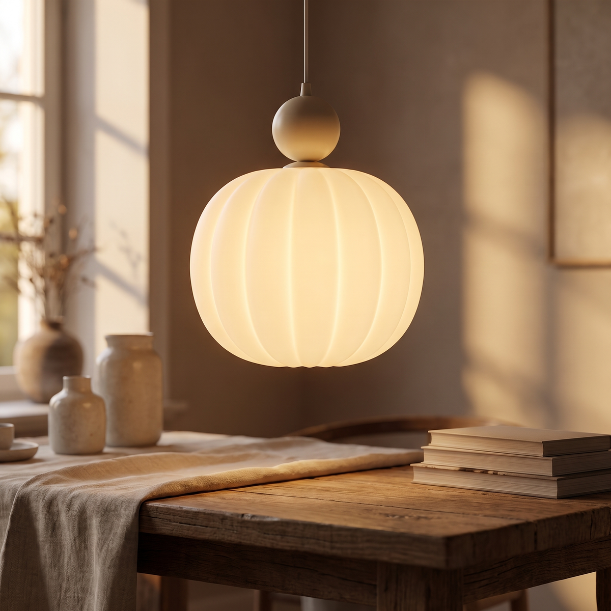Pendant light - Cream Pumpkin Pendant Light close-up of the ribbed globe