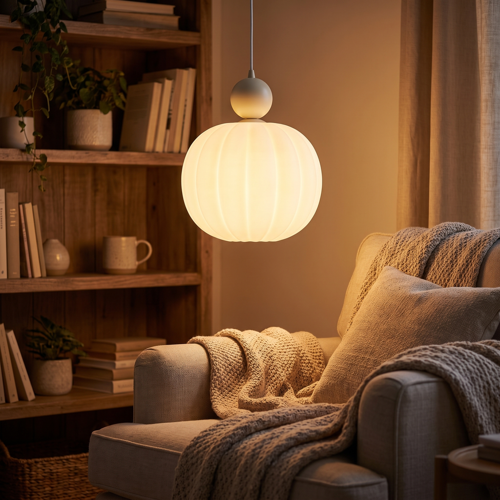 Pendant light - Cream Pumpkin Pendant Light in a reading nook