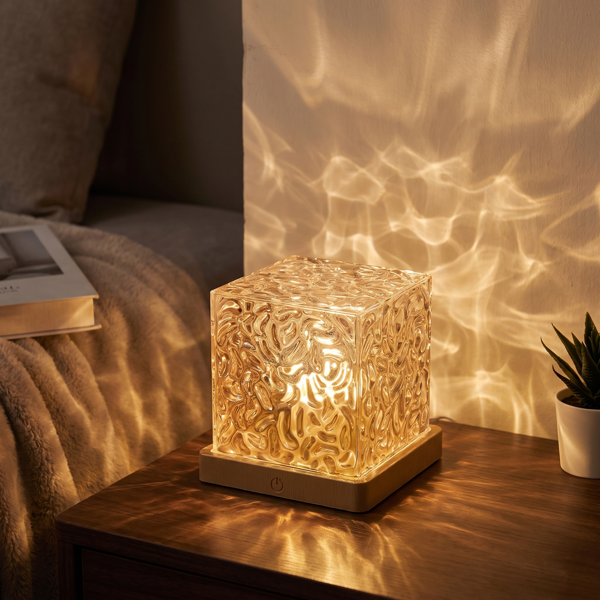 Ocean wave projector lamp - Crystal Cube Ocean Wave Lamp casting ripples in a bedroom