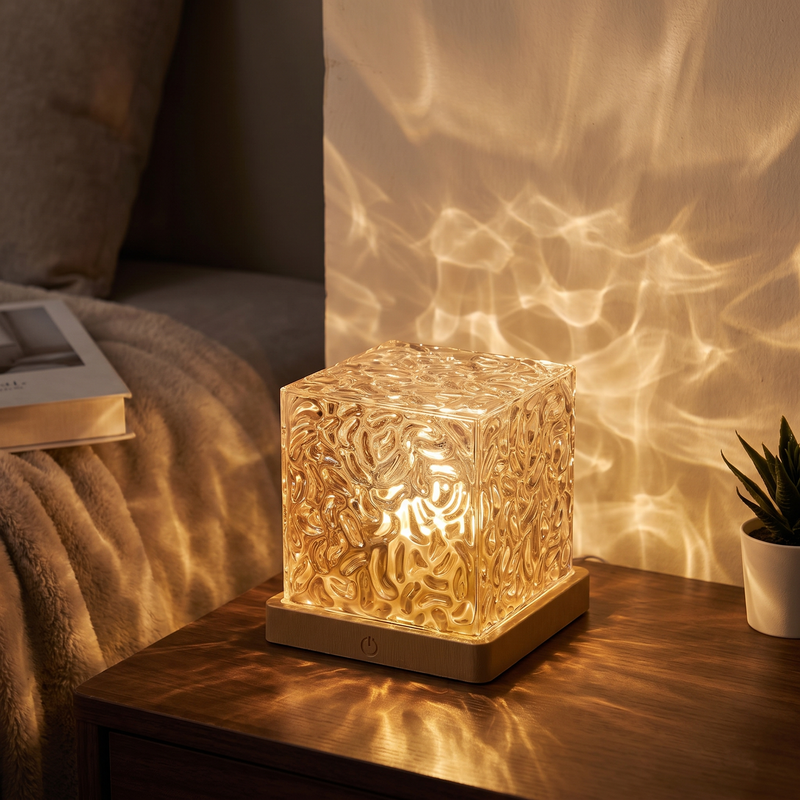 Ocean wave projector lamp - Crystal Cube Ocean Wave Lamp casting ripples in a bedroom