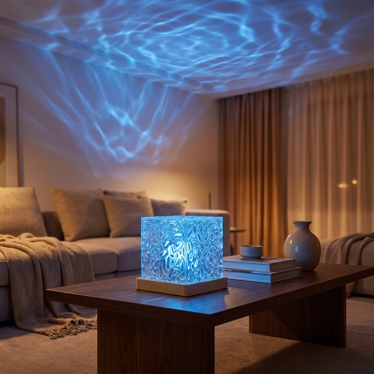 Ocean wave projector lamp - Crystal Cube Ocean Wave Lamp casting blue ripples in a living room