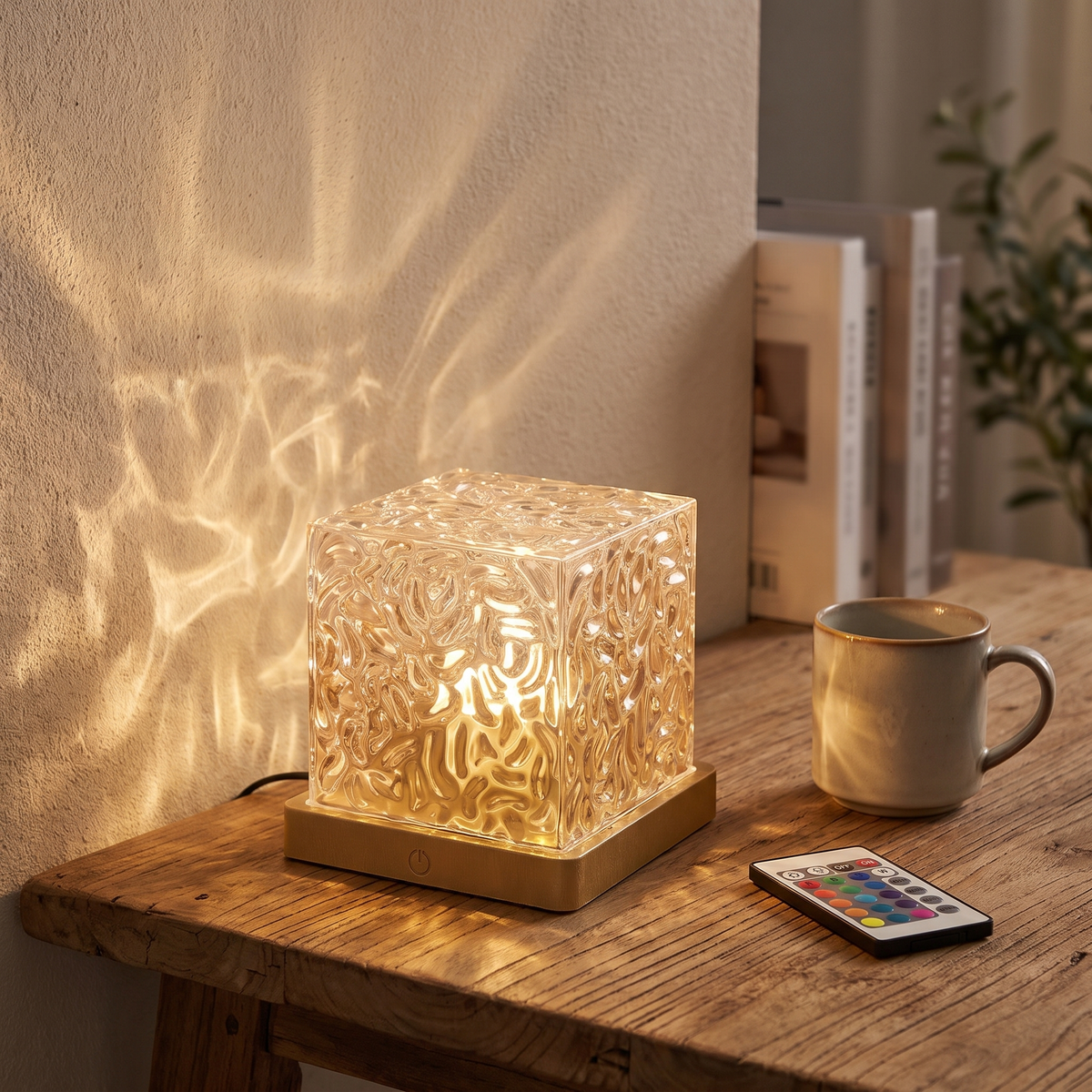 Ocean wave projector lamp - Crystal Cube Ocean Wave Lamp on a desk beside a mug for scale