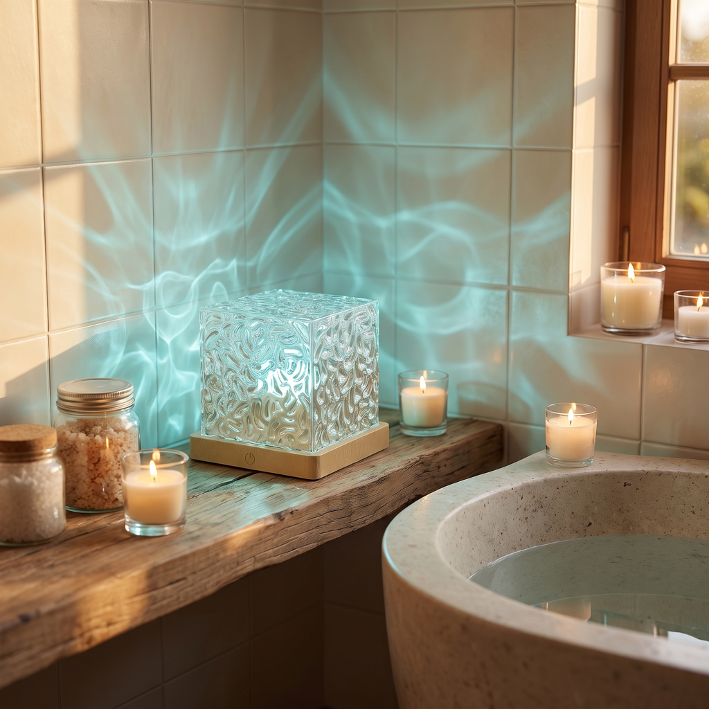 Ocean wave projector lamp - Crystal Cube Ocean Wave Lamp casting aqua ripples in a bathroom