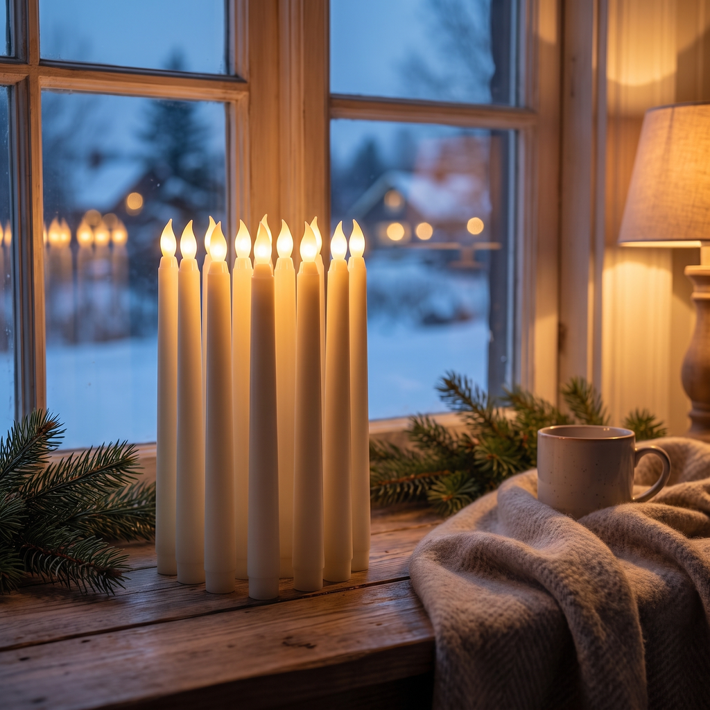 Flameless taper candles - Flameless LED Taper Candles, Set of 12 on a window sill