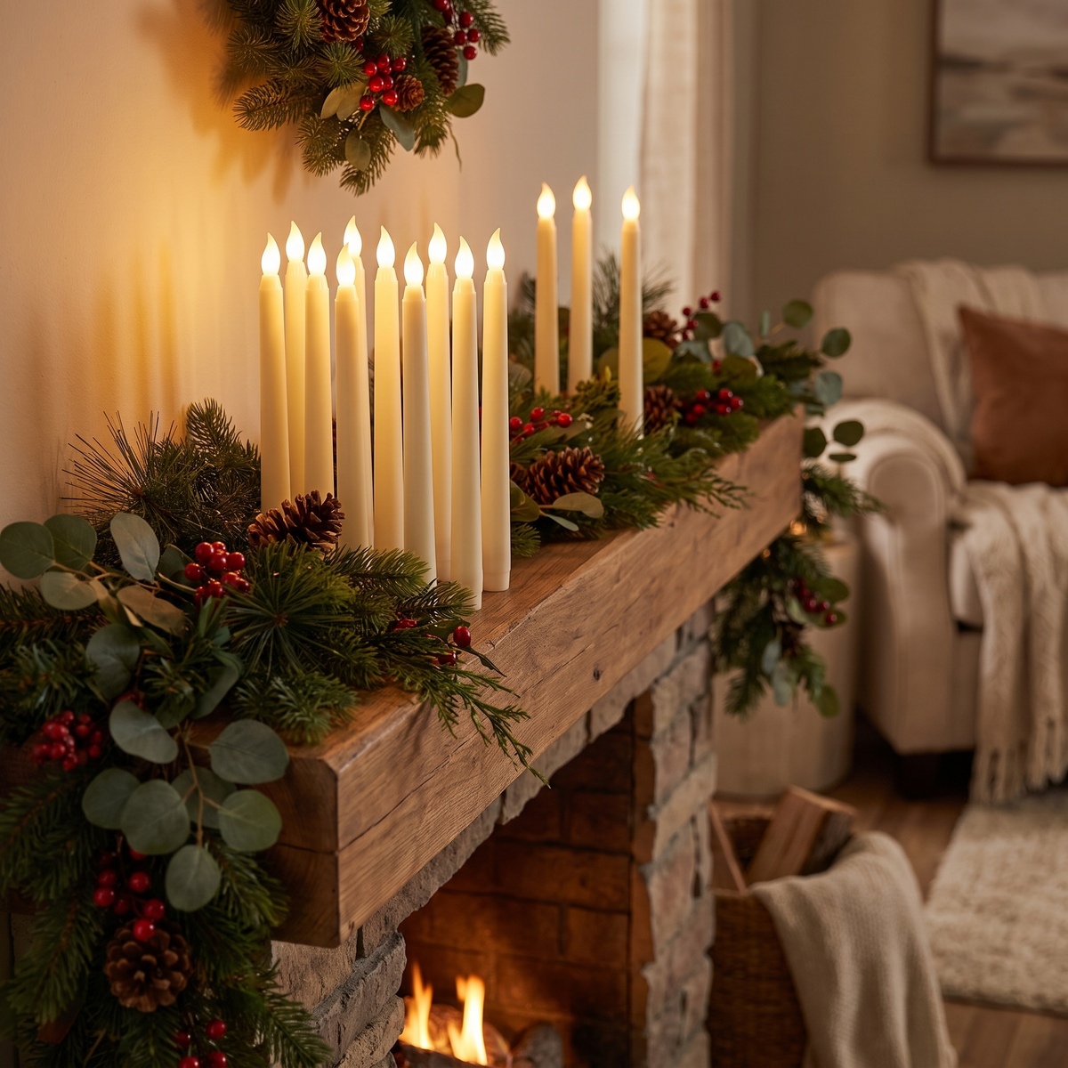 Flameless taper candles - Flameless LED Taper Candles, Set of 12 on a Christmas mantel