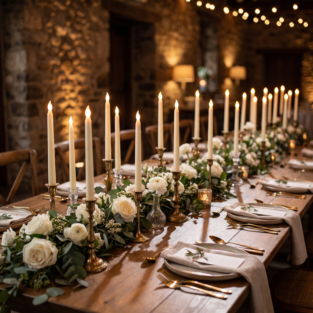 Flameless taper candles - Flameless LED Taper Candles, Set of 12 on a wedding table