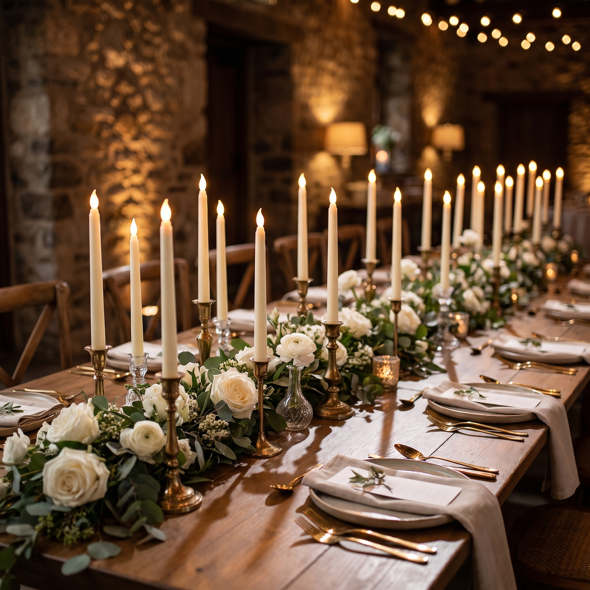 Flameless taper candles - Flameless LED Taper Candles, Set of 12 on a wedding table