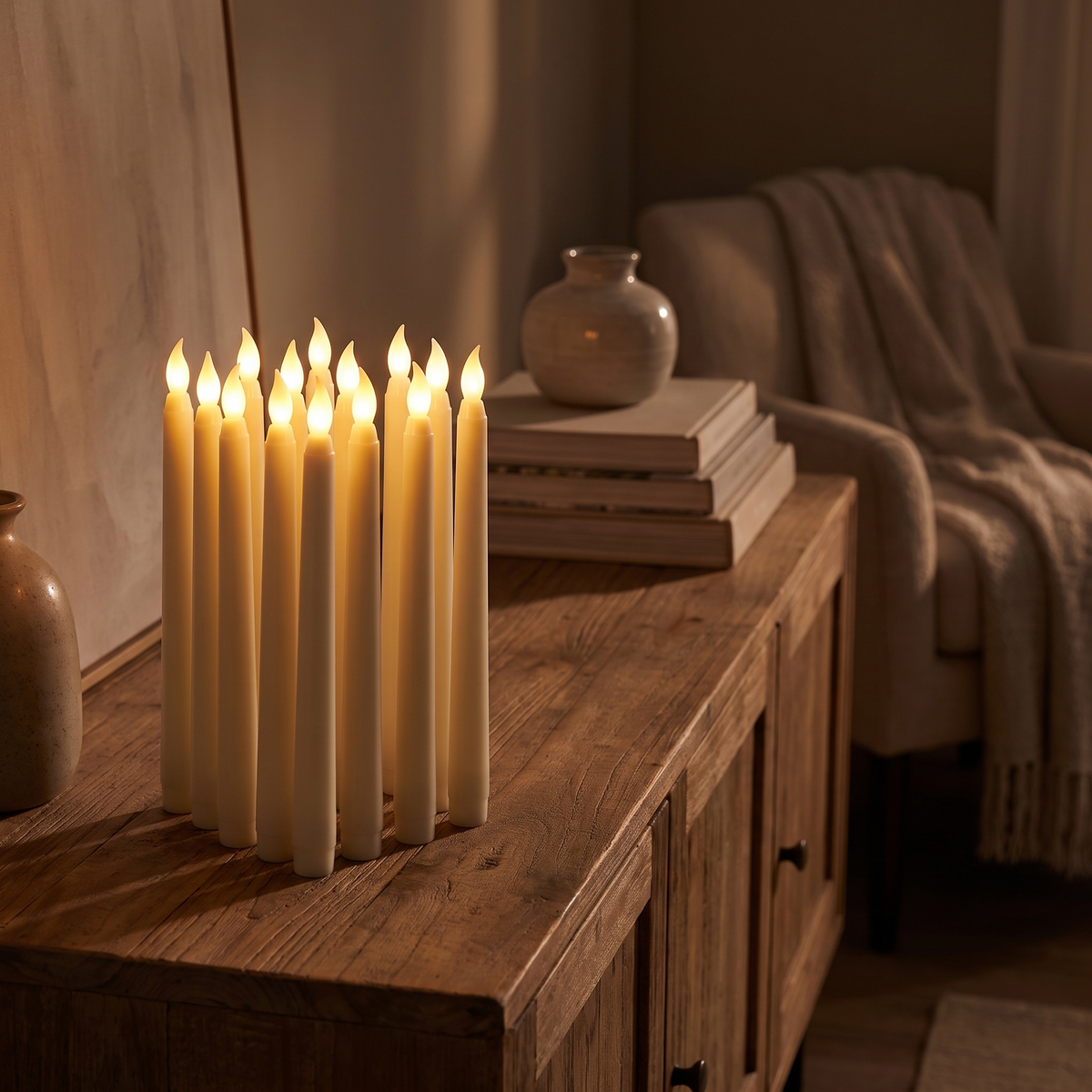 Flameless taper candles - Flameless LED Taper Candles, Set of 12 on a sideboard