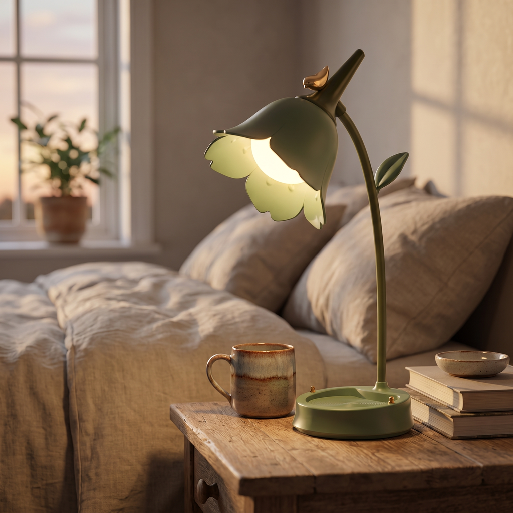 Flower desk lamp - Flower Desk Lamp on a bedside table beside a mug for scale