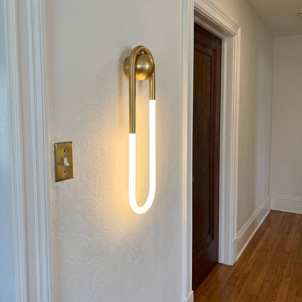 Gold wall sconce - Gold Loop LED Wall Sconce on a hallway wall next to a light switch, 17.7 in tall