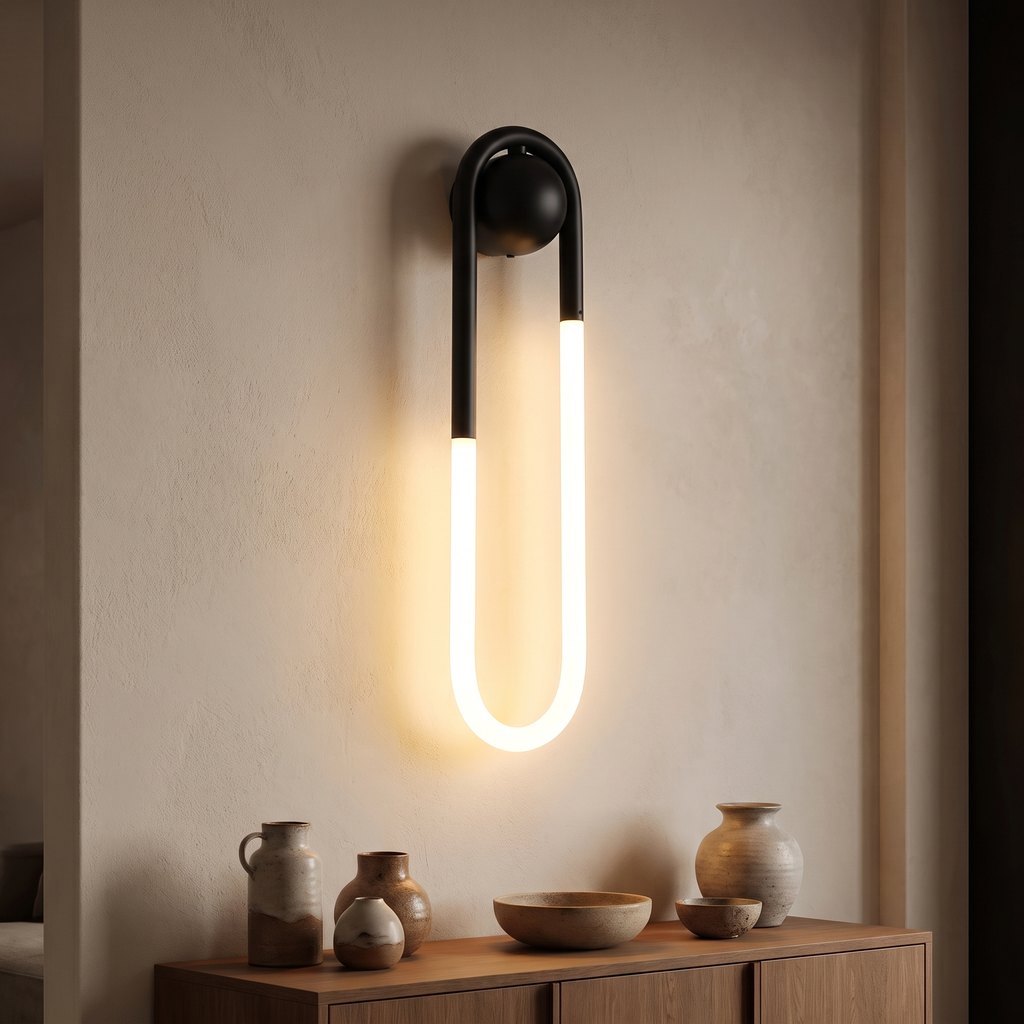Gold wall sconce - Gold Loop LED Wall Sconce in black on a living room wall