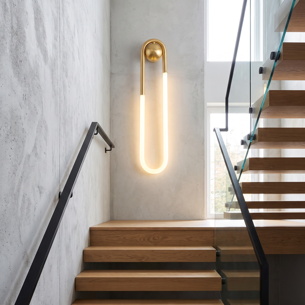 Gold wall sconce - Gold Loop LED Wall Sconce in the 29.5 in size on a staircase wall
