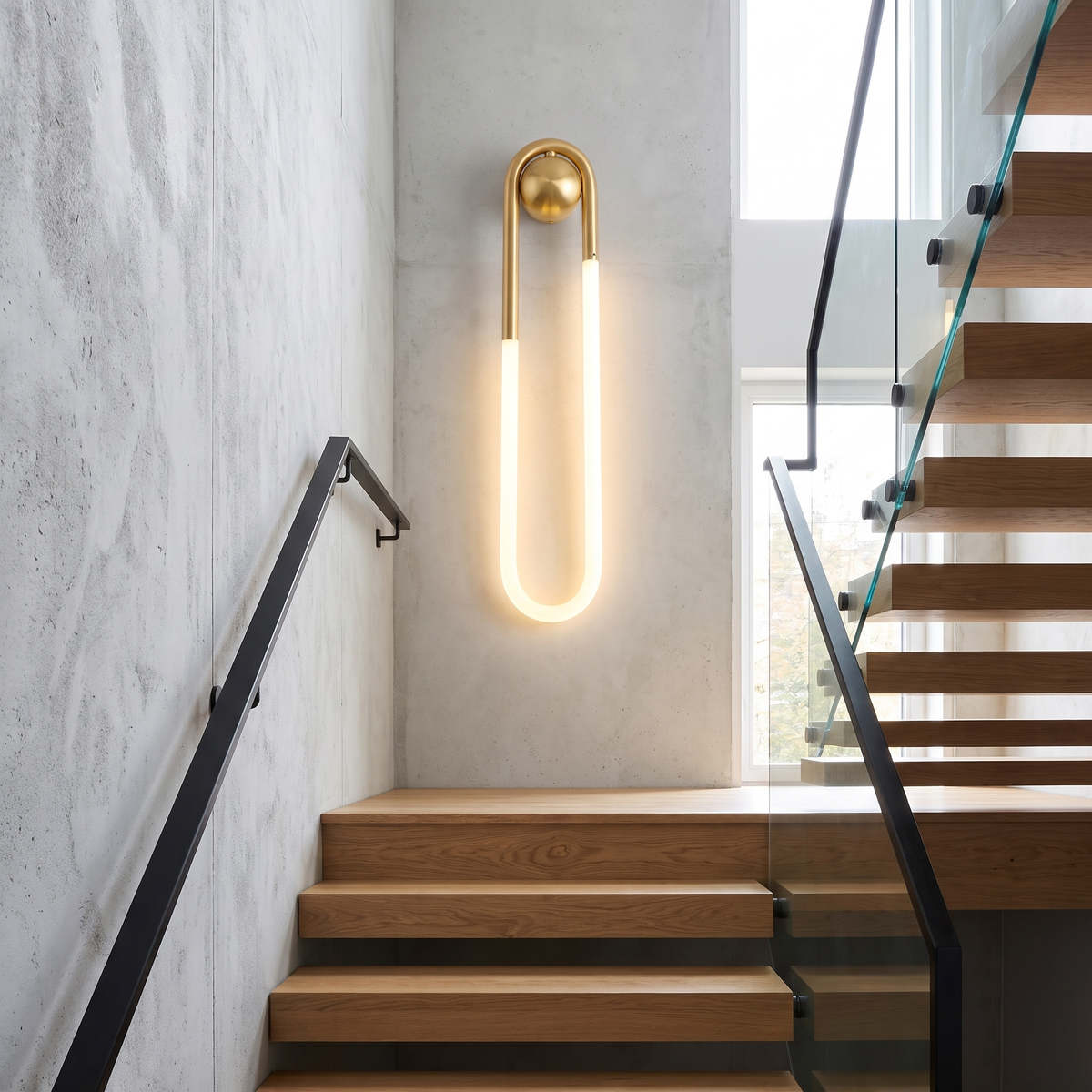 Gold wall sconce - Gold Loop LED Wall Sconce in the 29.5 in size on a staircase wall