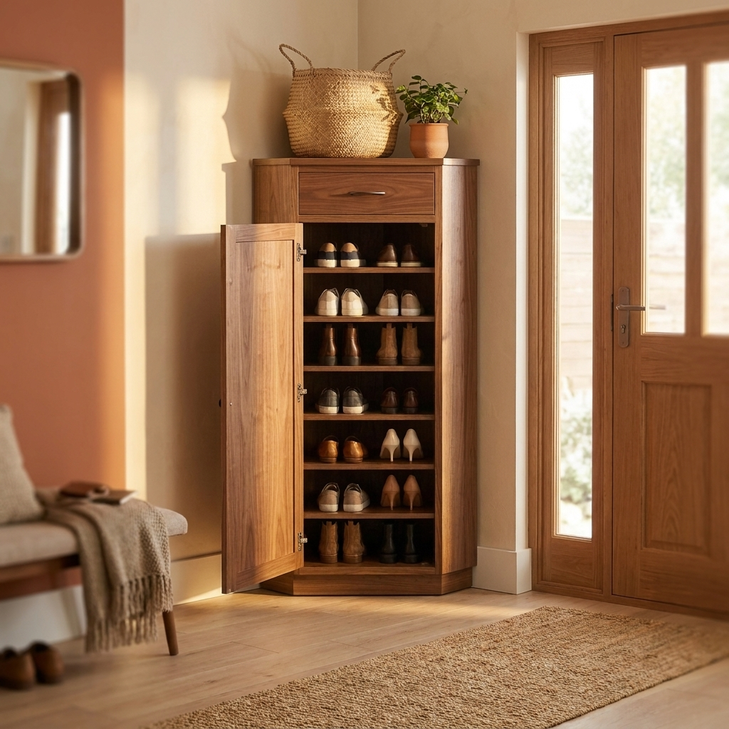 Corner Shoe Cabinet - Walnut, 7 Shelves