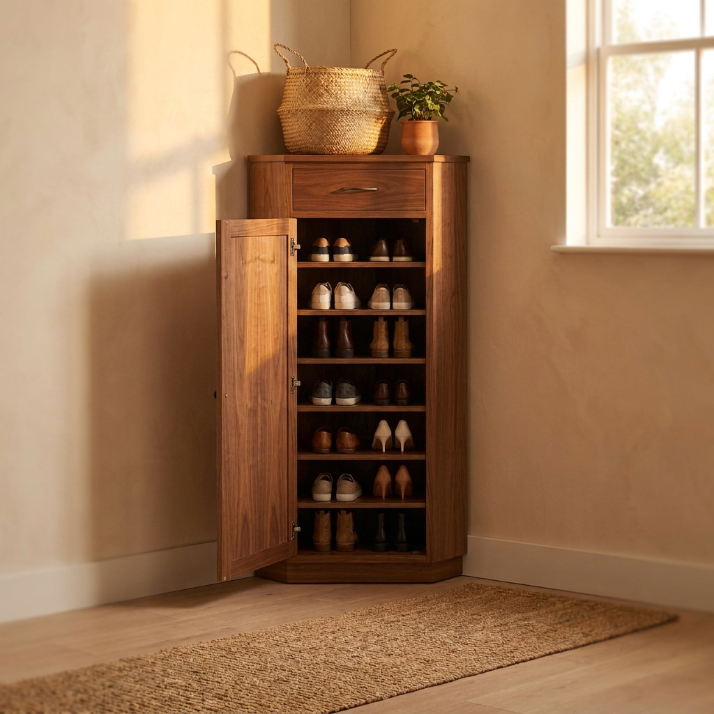 Corner Shoe Cabinet - Walnut, 7 Shelves