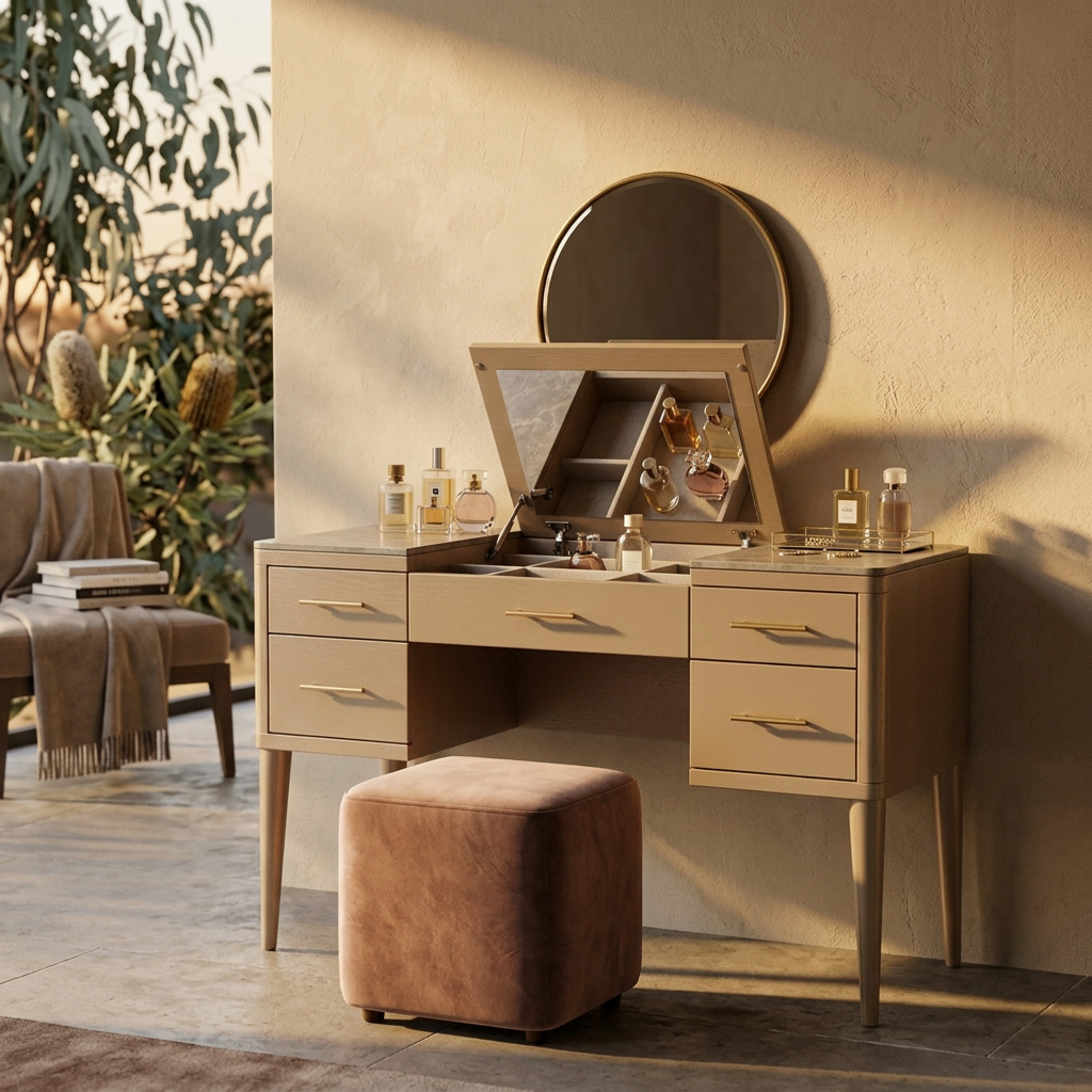 Extendable Dressing Table with 5 Drawers - Champagne