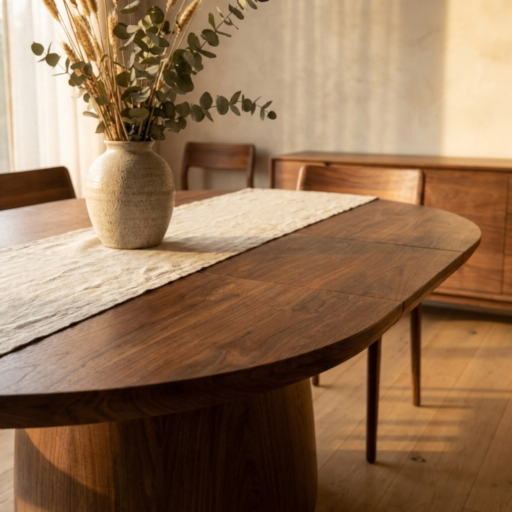 Extendable Round Dining Table - Warm Walnut