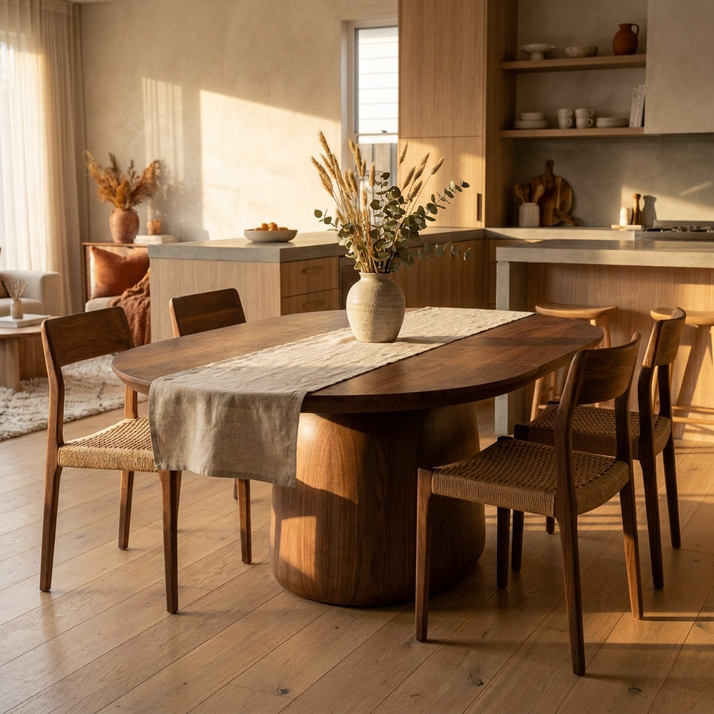 Extendable Round Dining Table - Warm Walnut