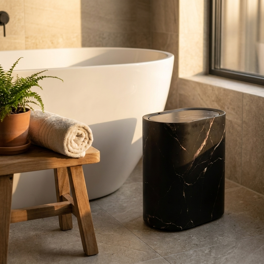 Marble-Look Bathroom Bin with Lid